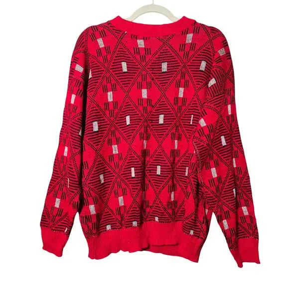 Coogi Style Vintage Red Geometric Knit Sweater 80s 90s Abstract Bold Pullover L